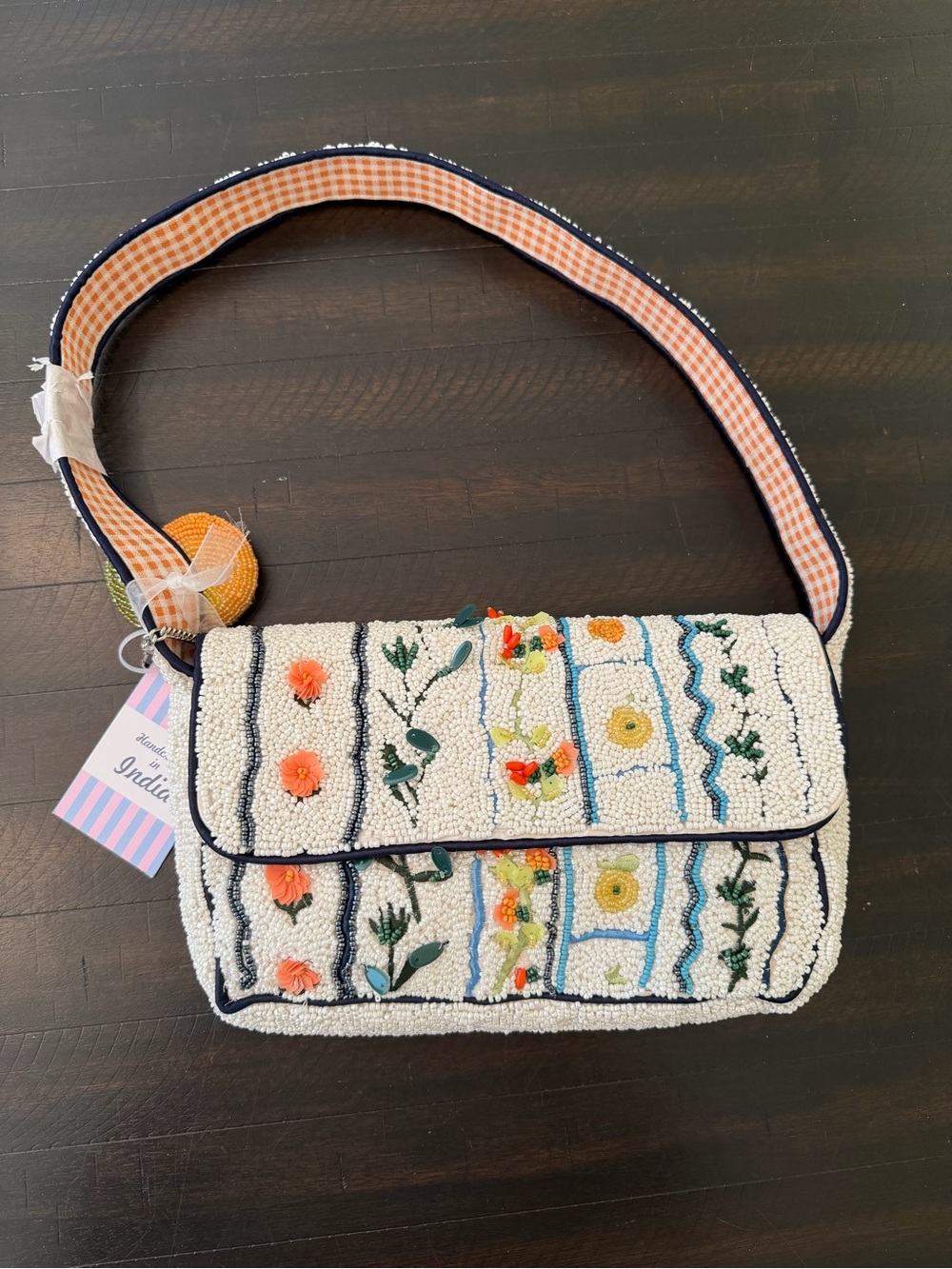 Beaded Floral Embroidered White Shoulder Bag with Gingham Strap